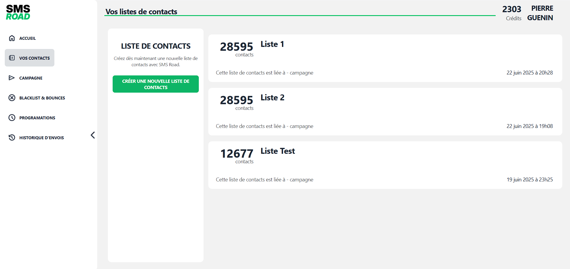 Aperçu du SaaS SMS Road